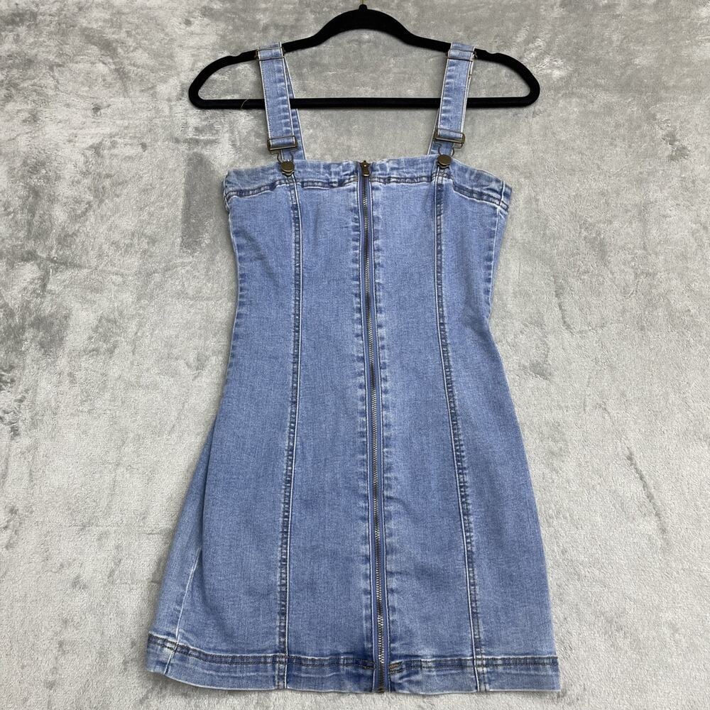 Forever 21 Denim Dress Womens Small Blue Jean Bodycon Mini Overall Zip‎ Front